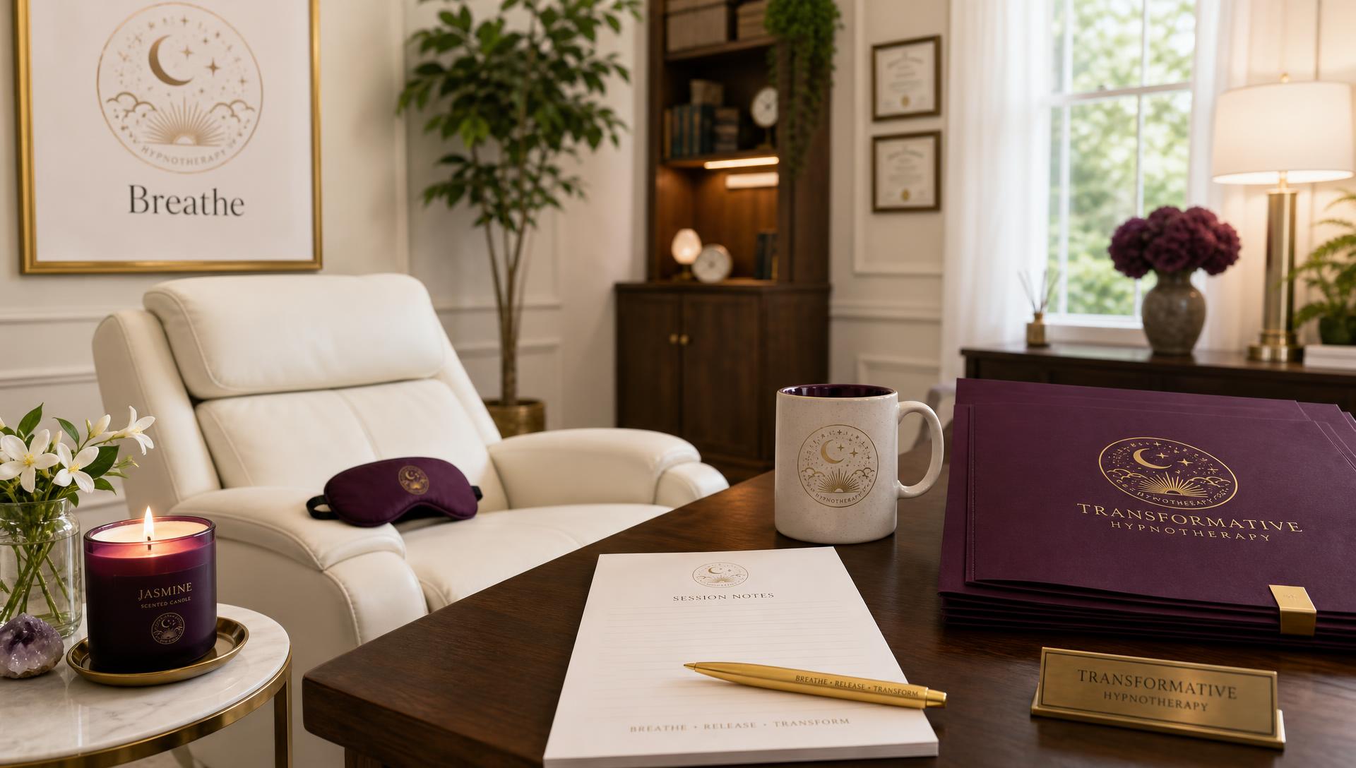 Divine Healing Hypnosis practice office with session products: engraved pen, session notes pad, mug, candle, eye mask, and client folders