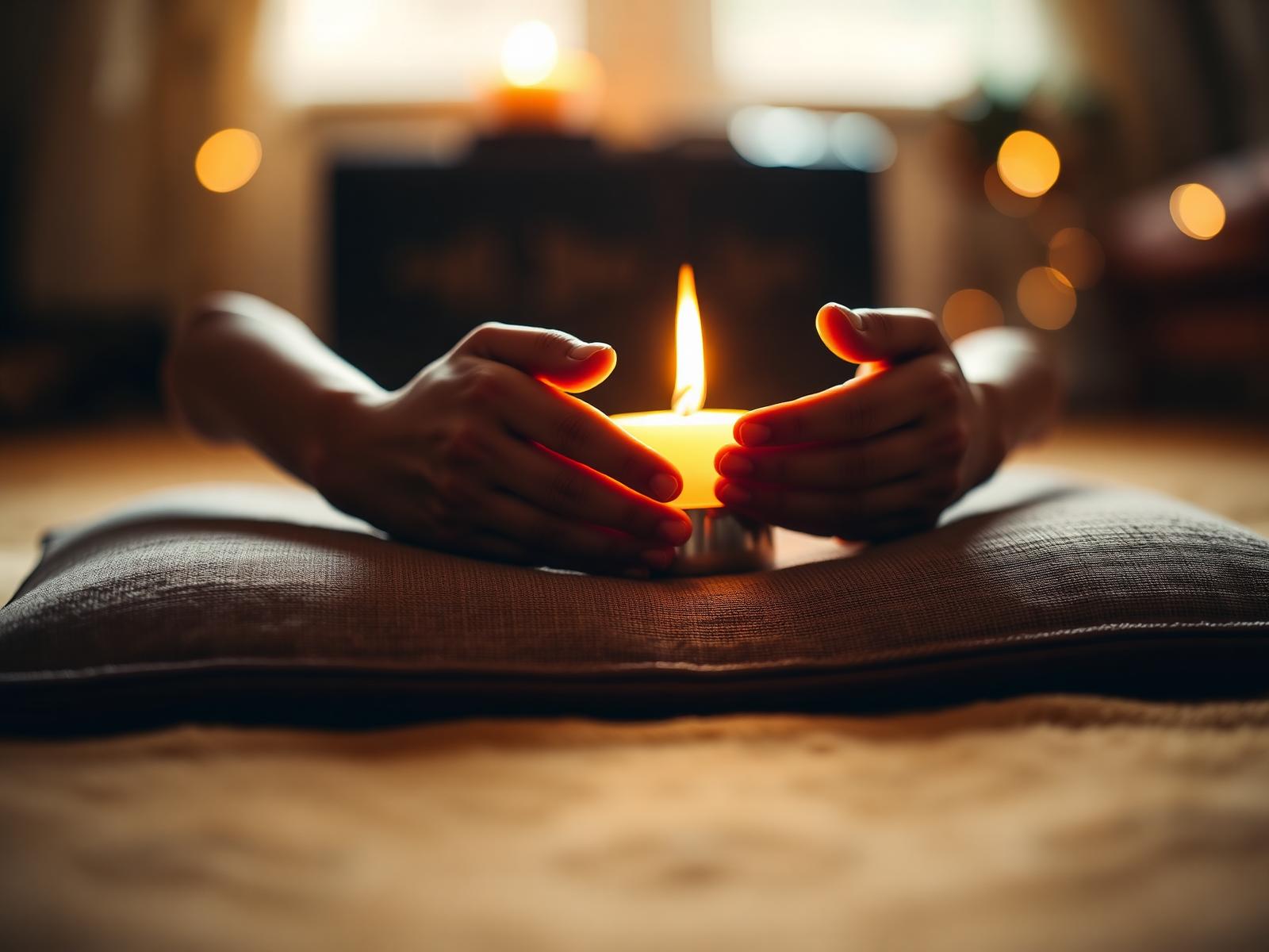 Hands cradling a warm candle flame on a meditation cushion